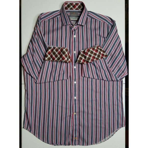 Thomas Dean TD Long Sleeve Button Up Flip Cuff Gray/Red Striped Shirt Men's L - Picture 1 of 10